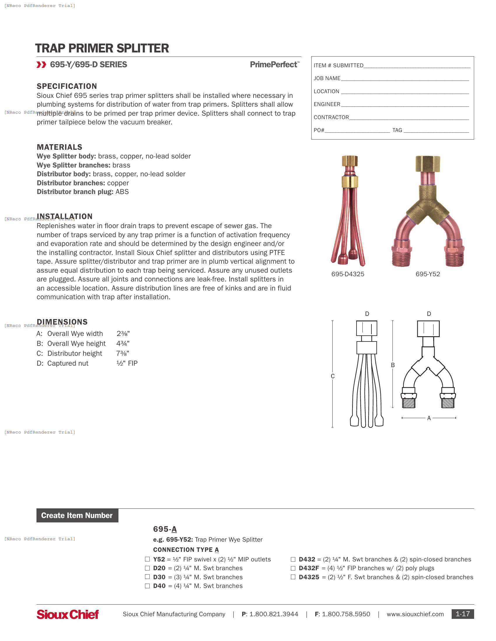 695 SERIES - TRAP PRIMER SPLITTER - SPEC SHEET.PDF Specification Document